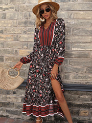 Bohemia Puff Sleeves Floral Printed V-Neck Dress