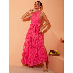 Off Shoulder Plaid Printed Halter Maxi Dress Flaxmaker