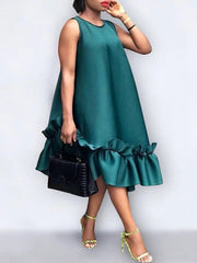 A-Line High Waisted Pleated Ruffle Trim Solid Color Round-Neck Midi Dresses
