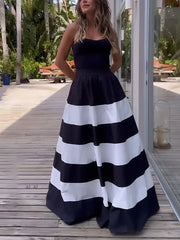 A-Line High Waisted Contrast Color Pockets Striped Tube Maxi Dresses