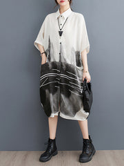 Printed Half Sleeves Loose Lapel Midi Dresses