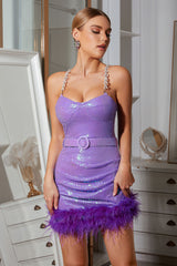 Fashion Diamond Sequin Feather Mini Dress Flaxmaker
