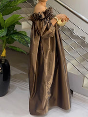Falbala Pleated Solid Color Loose Puff Sleeves Off-the-shoulder Maxi Dresses