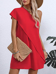 Asymmetric Solid Color A-Line False Two One-Shoulder Mini Dresses