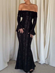 Flower Lace Splicing Striped Long Sleeves One-Shoulder Wrap Maxi Dresses