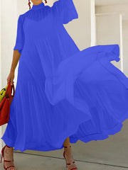 Mesh Pleated Solid Color Split-Joint Loose Plus Size Mock Neck Two Pieces Set Maxi Dresses