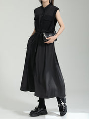 Contrast Color Drawstring Split-Joint Tied Waist Loose Sleeveless Round-Neck Midi Dresses