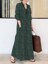 Vintage Printed Lapel Long Sleeve Shirt Maxi Dress