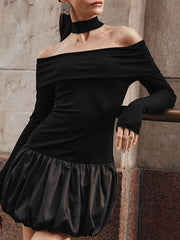 Contrast Color Pleated Split-Joint High Waisted Long Sleeves Off-The-Shoulder Mini Dresses