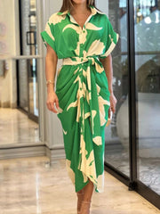 Pleated Printed Tied Waist Loose Short Sleeves Lapel Shirt Dress Maxi Dresses