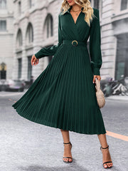 Belted Pleated Solid Color A-Line Long Sleeves Lapel Midi Dresses
