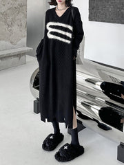 Split-Joint Split-side Long Sleeves Loose V-neck Sweater Dresses Midi Dresses