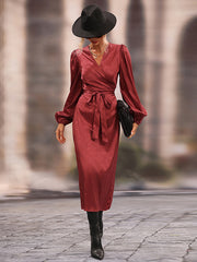 Vacation Puff Sleeves Lace-Up Solid Dress