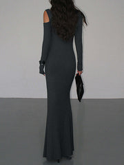 Hollow Solid Color Long Sleeves Skinny Cold Shoulder Maxi Dresses