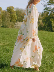 Floral Print Loose Long Sleeves Casual Maxi Dresses