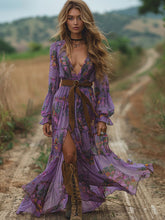 Vintage Floral Long Sleeves Ruffled Maxi Dresses