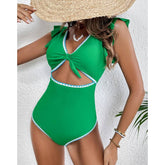 Ruffled Sleeve V Neck Cutout Green One Piece Swimsuit