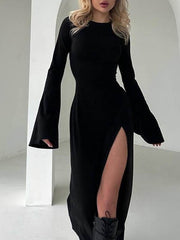 Asymmetric Solid Color Split-Joint Split-Side Long Sleeves Loose Round-Neck Maxi Dresses