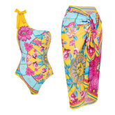 Constellation Flower Print One Shoulder One Piece Swimsuit and Sarong (Shipped on Jan 4th)