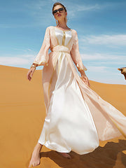 Vacation Loose Long Sleeves Embroidered Solid Color Round-Neck Dress