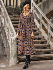 Vacation Long Sleeves Wrap Lace-Up V-Neck Midi Dress