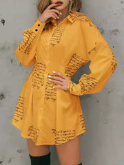 Letter Print Pleated Split-Joint Long Sleeves Loose Lapel Shirt Dress Mini Dresses