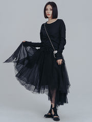 Urban Drawstring Long Sleeves Black Gauze Midi Dress