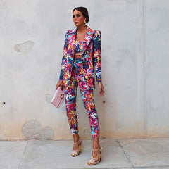 Fashion Blossom Printed Blazer Three Piece Set