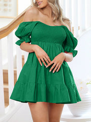 Elasticity Pleated Solid Color Split-Joint Tiered Loose Puff Sleeves Off-the-shoulder Mini Dresses