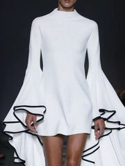 Solid Color Flared Sleeves Long Sleeves Stand Collar Mini Dresses