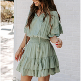 V-neck Ruffled Solid Color Dress