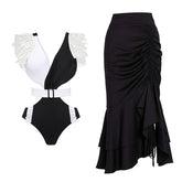 Ruffle Color Block Cut Out One Piece Swimsuit Flaxmaker