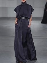 Solid Color Split-Joint Tied Waist Loose Raglan Sleeve High Neck Maxi Dresses