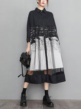 Buttoned Gauze Printed Split-Joint A-Line Long Sleeves Lapel Midi Dresses