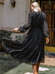 Bohemia Long Sleeves Polka-Dot Embroidered V-Neck Midi Dresses