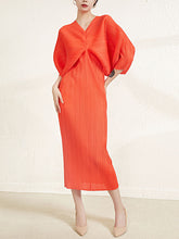 Pleated Solid Color Batwing Sleeves Three-Quarter Sleeves V-Neck Midi Dresses