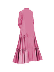 A-Line Long Sleeves Buttoned Layered Pleated Pockets Ruffled Solid Color Split-Joint Stand Collar Maxi Dresses
