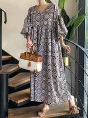 Vintage Floral Printed V-Neck Pleated Puff Sleeves Midi Dress
