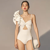 Flaxmaker Classy Retro One Shoulder Ruffle White One Piece Swimsuit