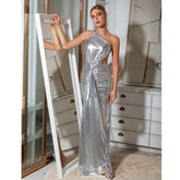 Cutout One Shoulder Backless Side Slit Silver Maxi Dress Flaxmaker