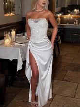 Sequinned Mesh Splicing Tube Split-Side Satin Evening Maxi Dresses