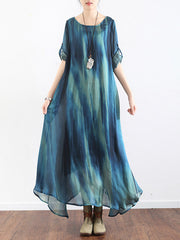 Artistic Retro 2 Pieces Printed Round-Neck Loose Maxi Dress