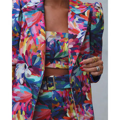 Fashion Blossom Printed Blazer Three Piece Set