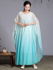 Artistic Retro Half Sleeves Loose Gradient Round-Neck Maxi Dresses