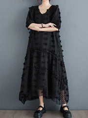 Elasticity Jacquard Solid Color Split-Joint A-Line Half Sleeves V-Neck Midi Dresses