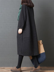 Loose Solid Color Split-Joint With Pocket Round-Neck Long Sleeves Midi Dress