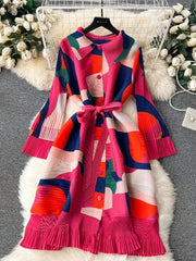 Belted Contrast Color Pleated Flared Sleeves Loose Midi Dresses