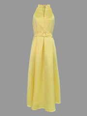 A-Line Loose Belted Pleated Pockets Solid Color V-Neck Midi Dresses