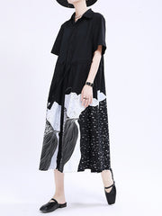 Contrast Color Drawstring Printed Tied Waist Loose Short Sleeves Lapel Shirt Dress Midi Dresses