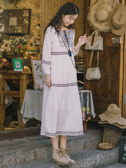 Vacation A-Line Loose Embroidered Solid Dress